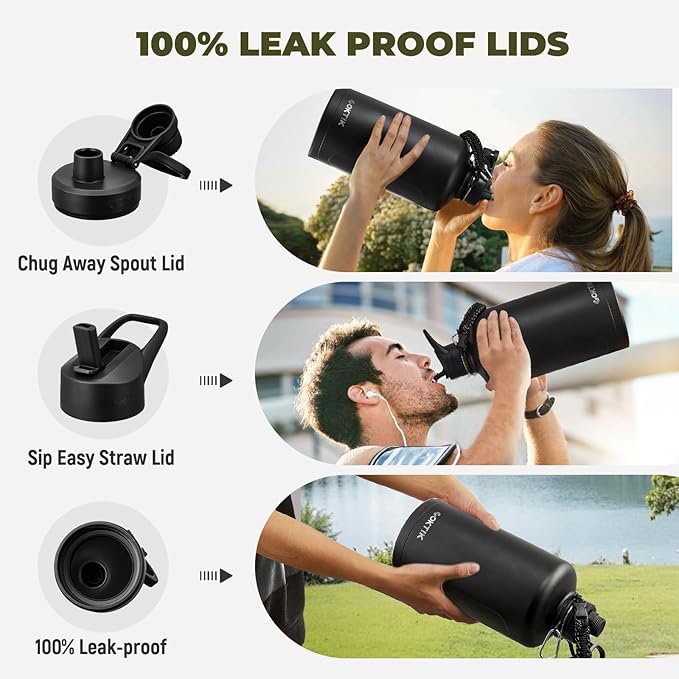 2 Pack 128 oz Insulated Water Bottle, Triple Wall Stainless Steel Flask, Keeps Drinks Cold for 48 Hrs Leak-Proof & BPA-Free Half Gallon Jug with Paracord Handle, Straw & Spout Lids(2 pack,Black)-FlexoryFit