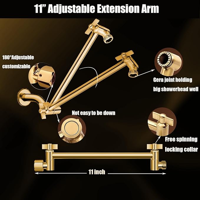Shower Head, 8" High Pressure Rain shower head with Handheld Spray Combo, 6 Settings Handheld with 78" Anti-leak Hose, 11" Adjustable Extension Arm, Ultra Thin Water Saving, Gold, AWAXFOLO