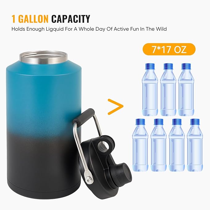 Kerilyn Insulated Gallon Jug with Handle, One Gallon, 128oz Stainless Steel, Large Double Vacuum Water Bottle for Hot & Cold Drinks, Wide Mouth, Sweat Proof, Great for Travel, Camping, Blue Gradient-FlexoryFit