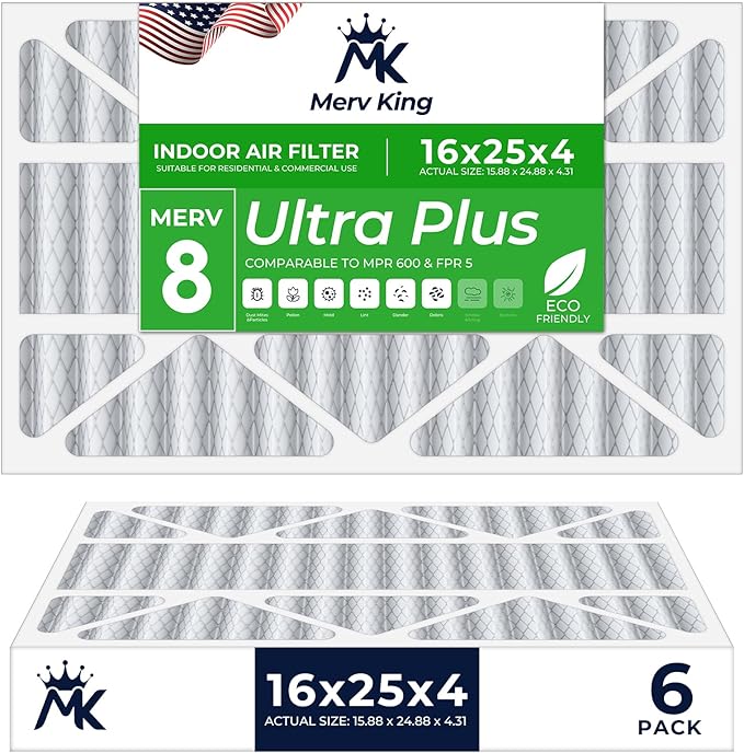 MervKing 16x25x4 Air Filter Actual Size: 15.88" x 24.88" x 4.31" MERV 8 MPR 600-700 | MADE IN USA | 6-Pack | Pleated HVAC AC Furnace Replacement
