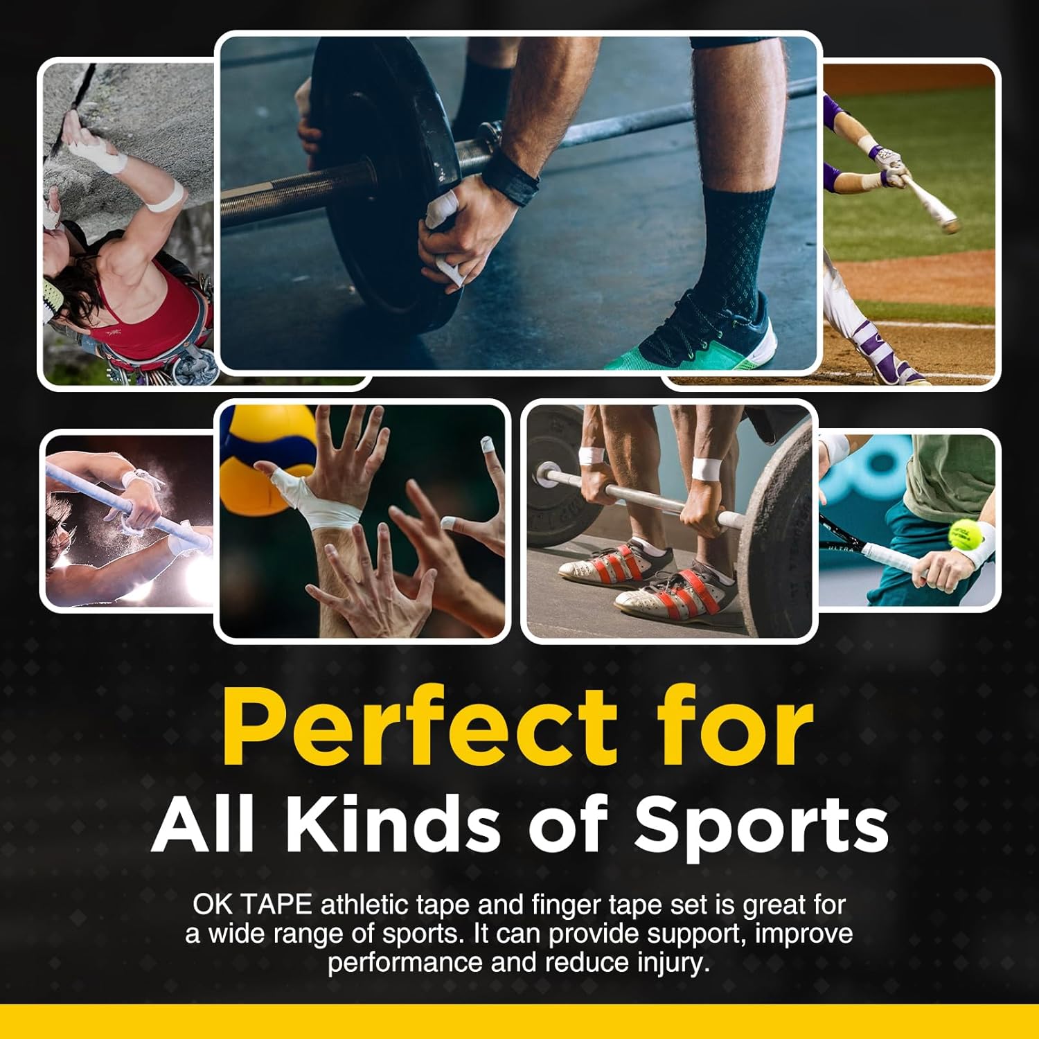 OK TAPE Athletic Tape Finger Tape, Extra Strong Adhesive Sports Tape for Weightlifting, Climbing, Basketball, Volleyball, White 3 Rolls 1.5" x 15yds and 1 Roll 0.5in x 15yds