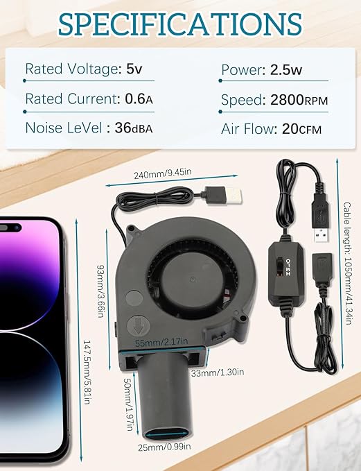 USB Blower Fan 97mm x 33mm 5V Cooling DC Brushless Centrifugal Fan with Tube 3 Speed for Electronics Computer 3D Printer Receiver Cabinet
