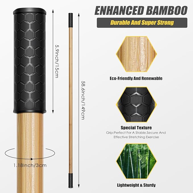 Bamboo Stretch Yoga Stick, 5ft/149 cm, Flexibility Stick for Physical Therapy, Premium Yoga Dowel with Super Sturdy Rubber Handle Ends, Exercise Bar for Posture Corrector-FlexoryFit