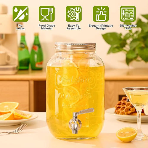 1 Gallon Beverage Dispenser, Glass Drink Dispensers for Parties, Fruit Infuser and Stainless Steel Spigot 100% Leakproof, Beverage Dispenser for Lemonade Sun Tea