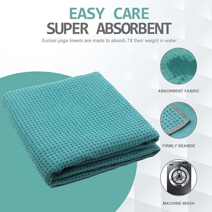 Eunzel Yoga Towel,Hot Yoga Mat Towel with Grip Dots Sweat Absorbent Non-Slip for Hot Yoga, Pilates and Workout 24" x72", Dark Cyan-FlexoryFit