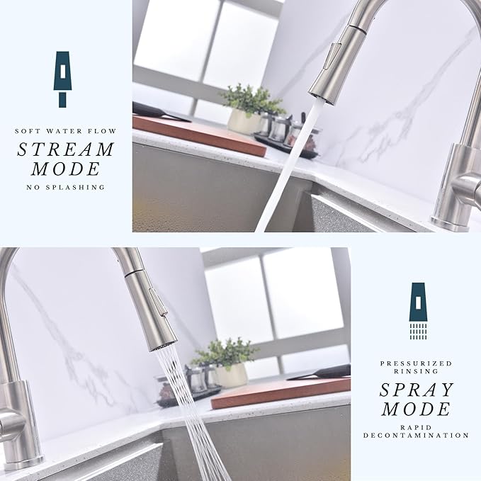 Kitchen Faucet with Pull Down Sprayer SUS304 Stainless Steel High Arc Brushed Nickel Pull Out Kitchen Sink Faucets Utility Laundry Farmhouse Camper Rv Modern for 1 or 3 Hole Sink, KF1-BN