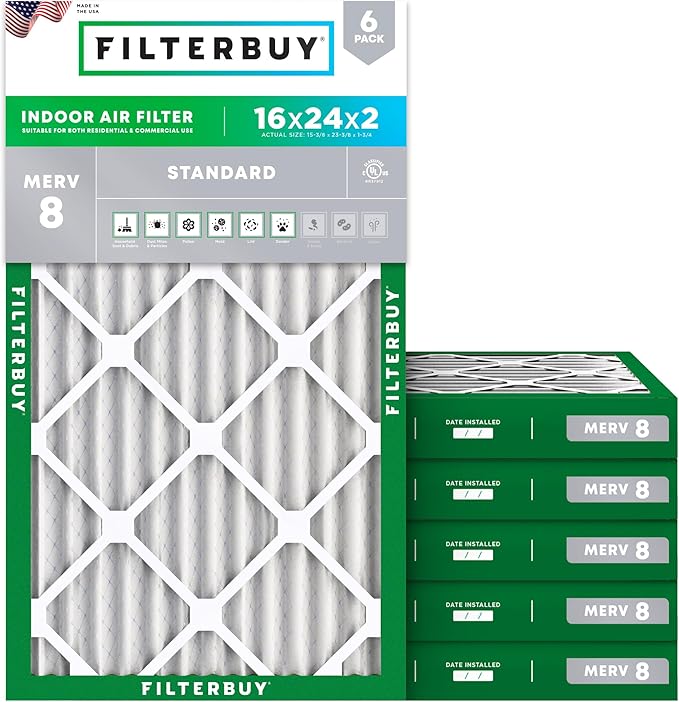 Filterbuy 16x24x2 Air Filter MERV 8 (MPR 700) Dust Defense Replacement (6-Pack), Electrostatic Pleated HVAC AC Furnace Filters, Made in USA (Actual Size: 15.38 x 23.38 x 1.75)