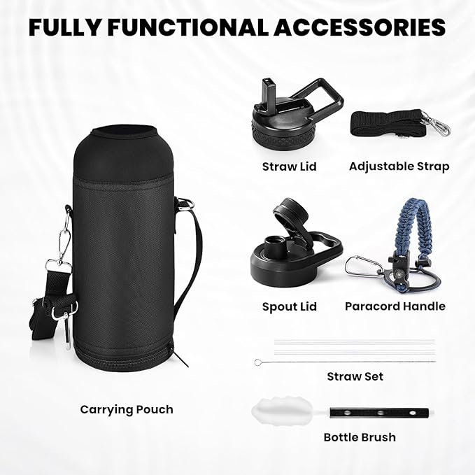 Insulated Water Bottle 40 oz, Triple Wall Vacuum Stainless Steel (Cold for 48 Hrs), Leak Proof & Non-BPA, Modern Water Flask Jug with Paracord Handle & Straw Spout Lids, Navy Blue-FlexoryFit