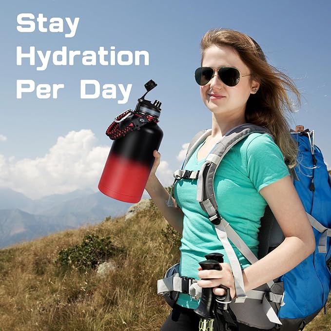 Insulated Water Bottle 64 oz, Half Gallon Water Jug Cold 48H, BPA Free Stainless Steel Bottles with Straw/Chug 2-in-1 Lid, Bag, Paracord Handle, Silicone Boot, Sports Gym School Metal Flask-FlexoryFit