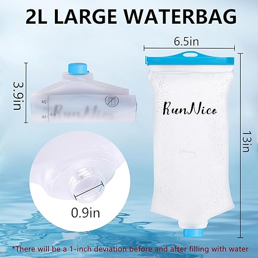 RunNico 2L/68oz Flow Water Filters Bag, Wide Mouth Water Storage Bag Compatible with 28mm Filter, Outdoor Foldable Water Filtration Reservoir for Expedition Camping Cycling Hiking Running (2 Pcs)