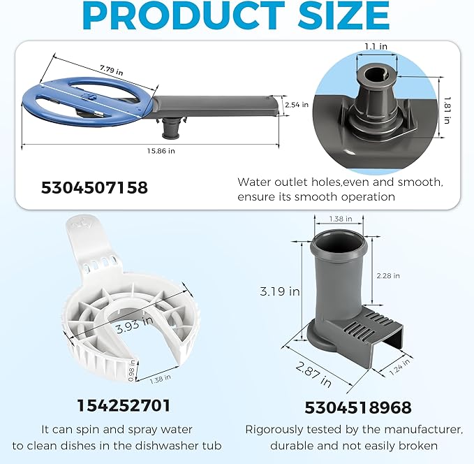 Romalon Upgraded 5304507158 Dishwasher Spray Arm Assembly with 5304518968 154252701 Assembly Fit for Frigidaire Dishwasher Replaces 5304498139 154821902 Ap6036393