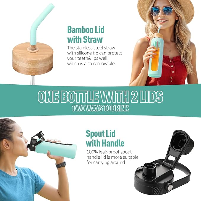 Kodrine Water Bottle with Straw, 24 oz Glass water Bottle with 2 Lids Bamboo Straw Lid and Spout Lid with Handle, 32 oz Clear Water Bottle Glass for Sports Travel, Waterbottle with Time Marker-FlexoryFit