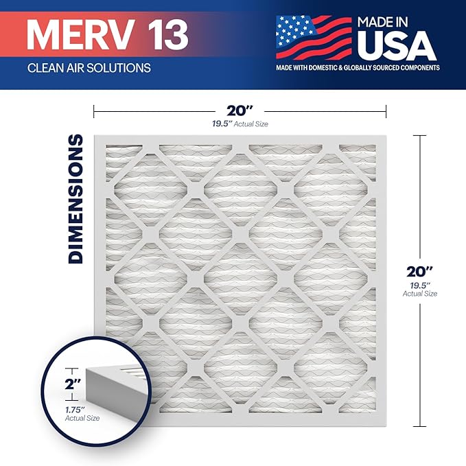 BNX TruFilter 20x20x2 Air Filter MERV 13 (4-Pack) - MADE IN USA - Electrostatic Pleated Air Conditioner HVAC AC Furnace Filters for Allergies, Pollen, Mold, Bacteria, Smoke, Allergen, MPR 1900 FPR 10