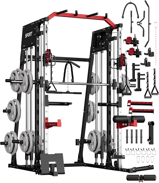 Smith Machine, Power Cage Squat Rack with Cable Crossover, Dual Pulley System, Pull-Up Bar, Home Gym Workout Equipment with Attachments for Strength Training and Weightlifting-FlexoryFit