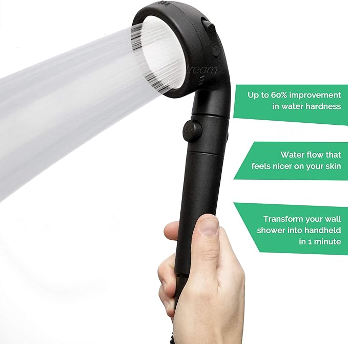 Original StoneStream® EcoPower Shower Head System — Spa Like Ionic Filter to Soften Water, Increase Pressure & Save Water — Multi Function Showerhead + 4-in-1 Wall Adapter Kit — Matte Black