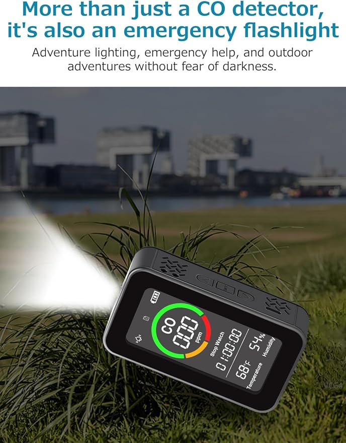 ThermElc CF-9R Portable Carbon Monoxide Detector, 5-in-1 CO Monitor Portable, CO Air Quality Monitor with Audible & Visual Alerts, Flashlight,Stop Watch, Temperature Humidity Sensor for Home, Travel