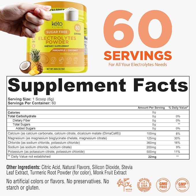Keto Vitals Electrolytes Powder - Sugar Free Keto Electrolytes Powder with Potassium, Magnesium, Sodium, & Calcium - No Sugar Electrolyte Drink Mix & Hydration Powder, 60 Servings, Pineapple Coconut-FlexoryFit