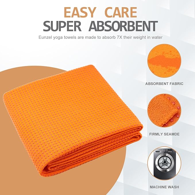 Eunzel Yoga Towel,Hot Yoga Mat Towel with Grip Dots Sweat Absorbent Non-Slip for Hot Yoga, Pilates and Workout 24" x72", Orange-FlexoryFit