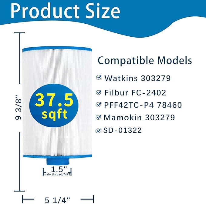 Hot Tub Filter Cartridges, FC-2402 Spa Filter Compatible with Watkins 303279, 78460, Pleatco PFF42TC-P4, Unicel 5CH-37, SD-01322, Hot Tub Filters, 1 1/2" MPT Thread 37.5sq.ft, 3 Pack