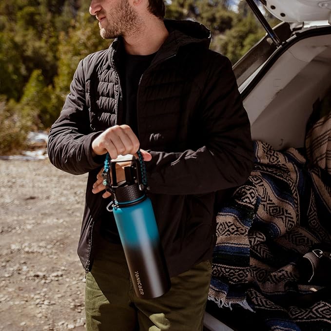 Insulated Water Bottle 64oz,Triple Wall Vacuum Stainless Steel(Dishwasher Safe),Leak Proof & Non-BPA,Flask Jug with Paracord Handle & Straw Spout Lids Sports-FlexoryFit
