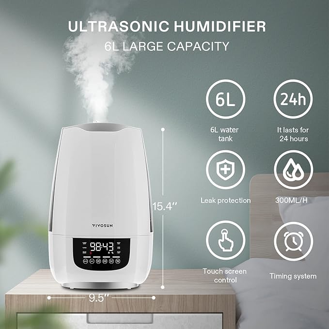 VIVOSUN Cool Mist Humidifier, 6L Quiet Ultrasonic Humidifier for Bedroom (Customized Humidity, Remote Control, Sleep Mode & Auto Shut Off, 360° Nozzle) White