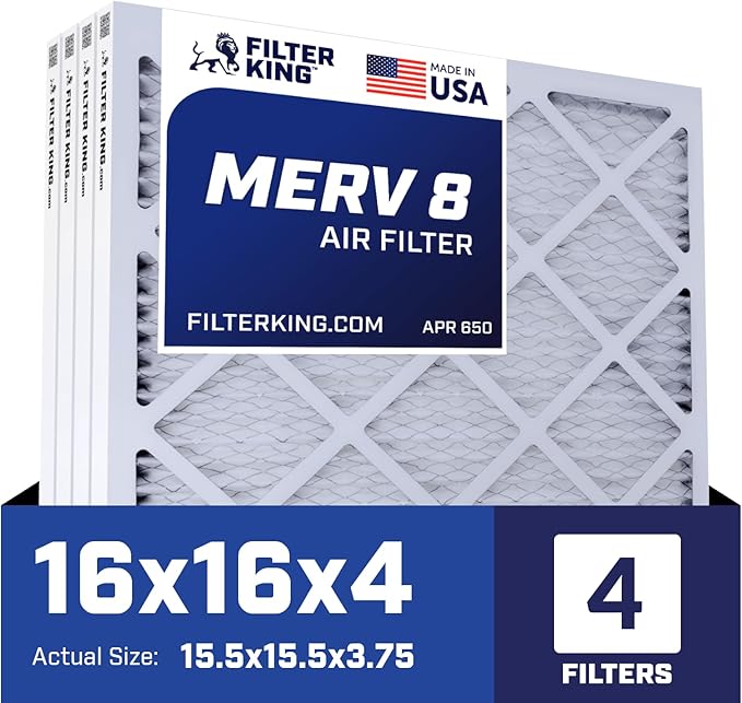 Filter King 16x16x4 Air Filter | 4-PACK | MERV 8 HVAC Pleated A/C Furnace Filters | MADE IN USA | Actual Size: 15.5 x 15.5 x 3.75"