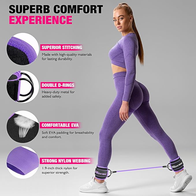 Ankle Resistance Bands with Cuffs, Ankle Bands for Working Out, Ankle Resistance Band for Leg, Booty Workout Equipment for Kickbacks Hip Fitness Training, Exercise Bands for Butt Lift Women-FlexoryFit