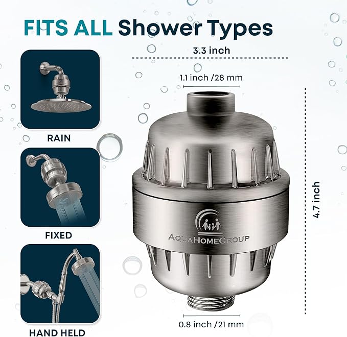 AquaHomeGroup 20 Stage Shower Head Filter with Vitamin C E A for Hard Water - High Output Filter to Remove Chlorine and Fluoride - 2 Replacement Cartridges - Consistent Flow Showerhead Filter