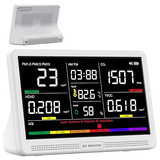 bonoch 16 in 1 Air Quality Monitor Indoor 7" Display 9 AQI+7 AQI Alerts Air Quality Tester for CO2, TVOC, PM2.5 PM1.0 PM10, HCHO, Temperature Humidity AQI & Time, Air Quality Meter for Home-White