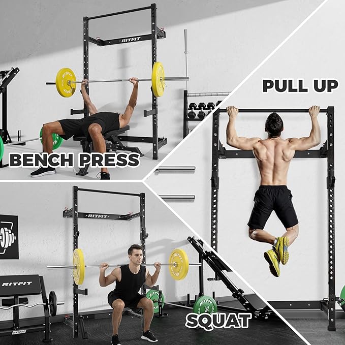 RitFit Multi-Functional Folding Squat Rack for Home Gym, 2.36'' x 2.36'' Wall Mounted Squat Rack with Attachments - Space Saving Squat Power Rack-FlexoryFit