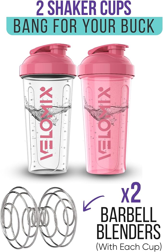 '-2 Pack- 28 oz Protein Shaker Bottles for Protein Mixes - 2x Wire Whisk | Leak Proof Shaker Cups for Protein Shakes | Protein Shaker Bottle Pack (Pink/Transparent)-FlexoryFit