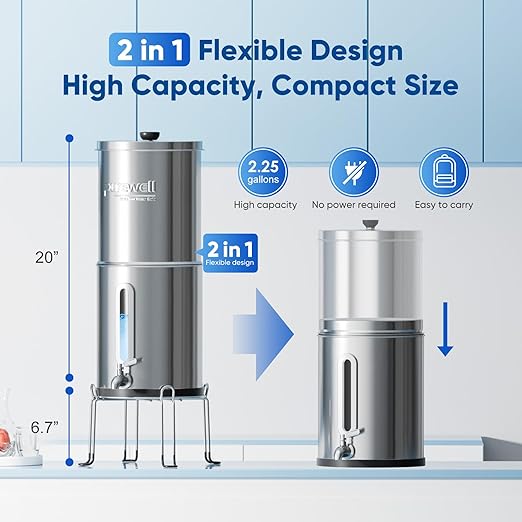 Purewell 2.25G Gravity Water Filter System with Water Level Window, 8-Stage Stainless Steel Countertop System with 4 Filters and Stand, Reduce Fluoride and Chlorine, PW-KST-CF