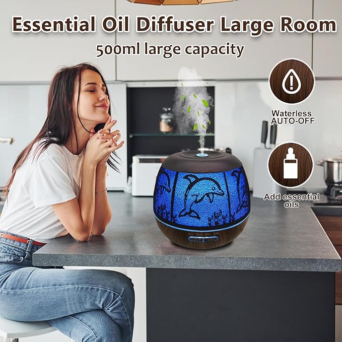 Essential Oil Diffuser for Home,500ML Aromatherapy Diffusers for Essential Oils Large Room with Cool Mist Humidifiers for Bedroom,7 Colors Changed & 3 Mist Mode Automatic Shut-Off - Dolphin