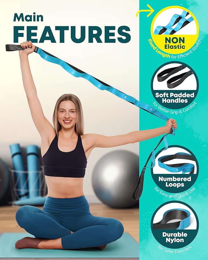Stretching Strap with Loops - Non Elastic Stretch Band for Physical Therapy, Yoga Strap for Stretching Equipment, Stretch Bands for Exercise and Flexibility - Fascia, Hamstring & Leg Stretcher Belt-FlexoryFit