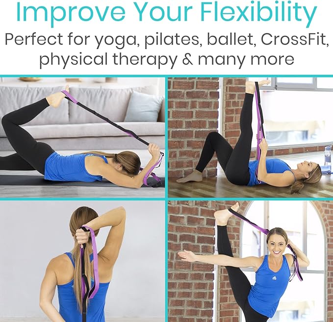 Vive Stretch Strap (75" - 10 Loops) - Leg Stretch Band to Improve Flexibility - Stretching Out Yoga Strap - Exercise and Physical Therapy Belt for Rehab, Pilates and Gymnastics with Guide Book-FlexoryFit