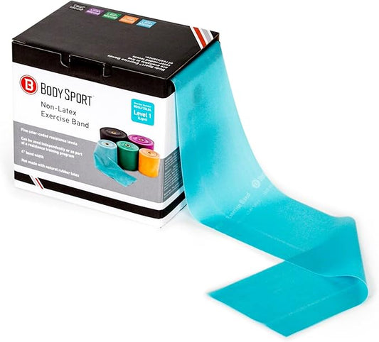 Body Sport Exercise Band, 25 yd. x 4 in. Roll, Low Resistance - Home & Gym Fitness Equipment for Stretching, Strength Training & Physical Therapy (Light Resistance Blue)-FlexoryFit