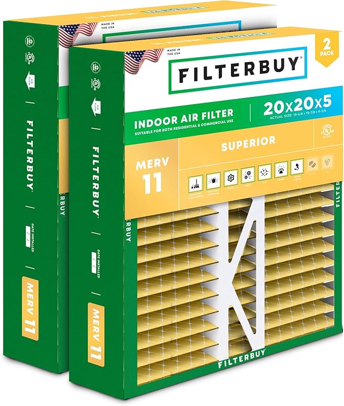 Filterbuy 20x20x5 Air Filter MERV 11 Allergen Defense (2-Pack), Pleated HVAC AC Furnace Air Filters Replacement for Honeywell FC100A1011, Lennox X0585 & More (Actual Size: 19.63 x 19.88 x 4.38 Inches)