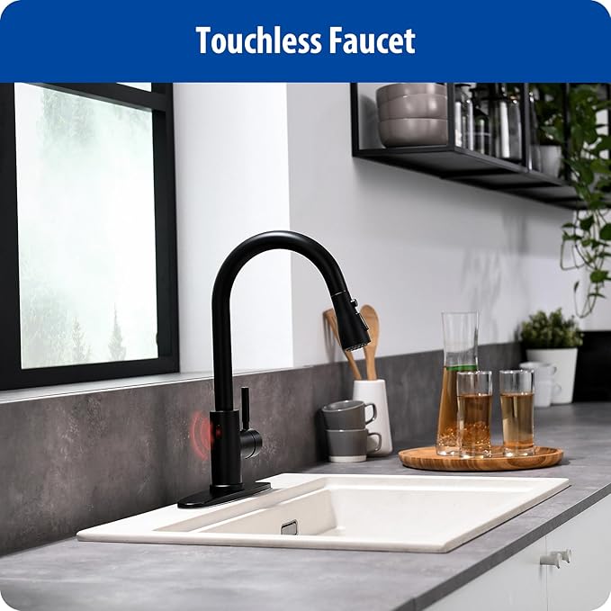 WEWE Black Kitchen Faucet, Touchless Kitchen Faucet with Pull Down Sprayer - Matte Black Single Handle Kitchen Faucets Hands-Free Activated Stainless Steel Kitchen Sink Faucet