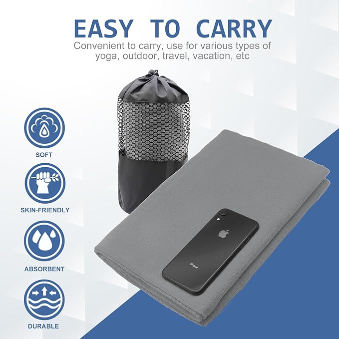 Eunzel Yoga Towel,Hot Yoga Mat Towel with Grip Dots Sweat Absorbent Non-Slip for Hot Yoga, Pilates and Workout 24" x72", Dark Gray-FlexoryFit
