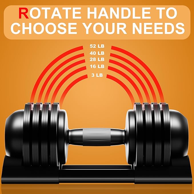 Adjustable Dumbbell,22LBS 44LBS 52LBS Dumbbell Set with Tray for Fitness, Fast Adjust Weight by Turning Anti-Slip Handle, Safety with 8 Lock Slots, Suitable for Men and Women-FlexoryFit