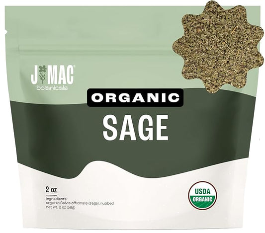 J Mac Botanicals, Organic Rubbed Sage (2 oz), Certified USDA Organic, Dried Rubbed Sage Leaf. Culinary Grade-excellent for sausage making, fresh Albanian harvest-FlexoryFit