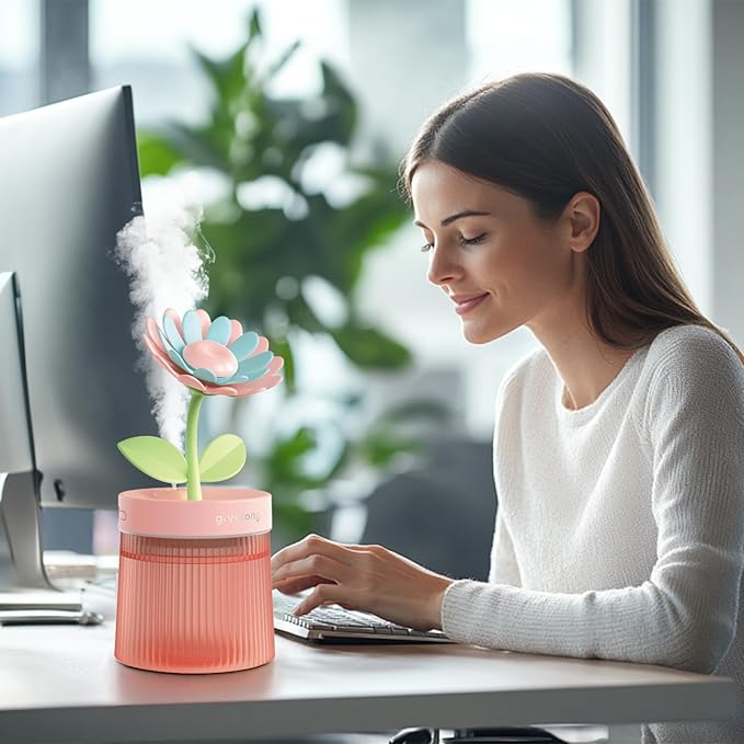 Cute Mini Humidifier 320mL Cool Mist Humidifie mute with 2 Mist Modes,for Home/Nursery/Office,Portable Mini Air Moisturizer,rechargeable mini humidifier(Sunflower Pink)