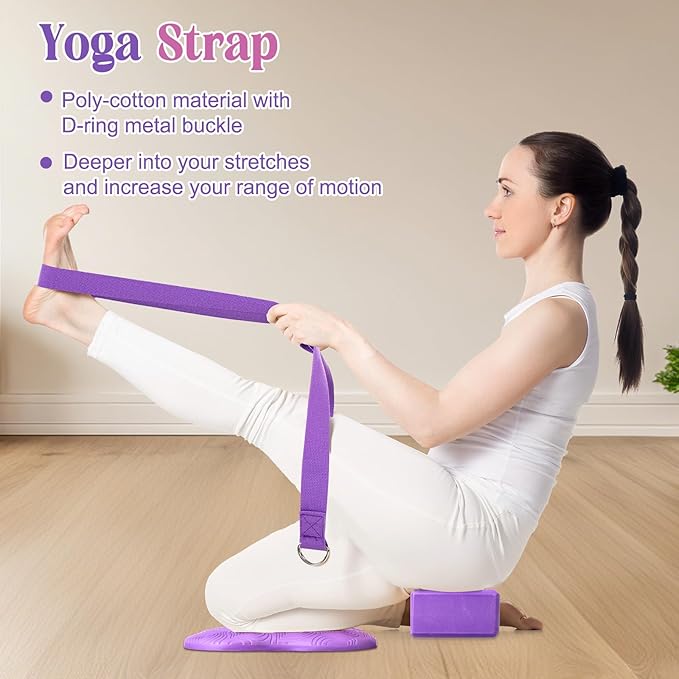 5 Pcs Yoga Blocks Knee Pads Yoga Strap Set Soft Premium Foam Blocks Accessories for Pilates Meditation General Fitness Stability, Kneeling, Balance, Deepen Stretches and Toning-FlexoryFit