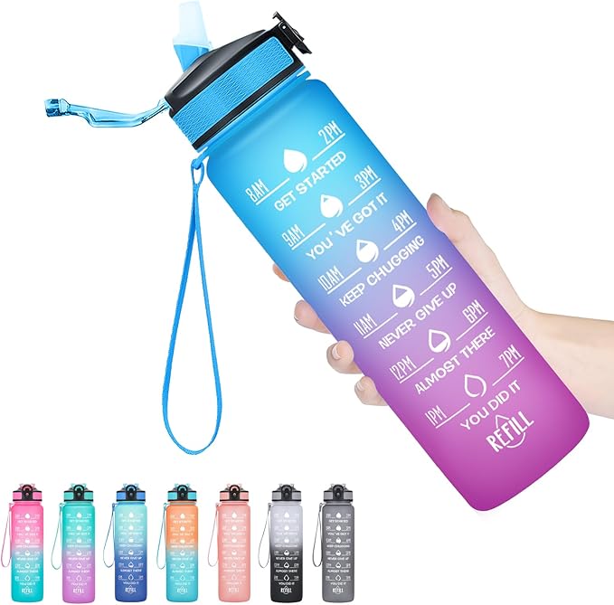Hyeta 32 oz Water Bottles with Times to Drink and Straw, Motivational Water Bottle with Time Marker, Leakproof, Drinking Sports Water Bottle for Fitness, Gym and Outdoor-FlexoryFit
