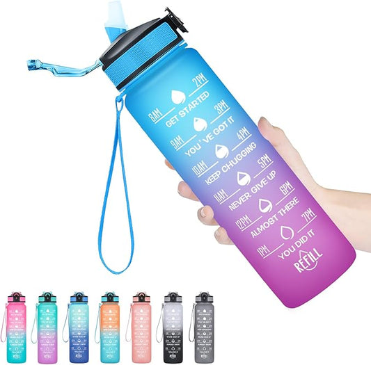 Hyeta 32 oz Water Bottles with Times to Drink and Straw, Motivational Water Bottle with Time Marker, Leakproof, Drinking Sports Water Bottle for Fitness, Gym and Outdoor-FlexoryFit