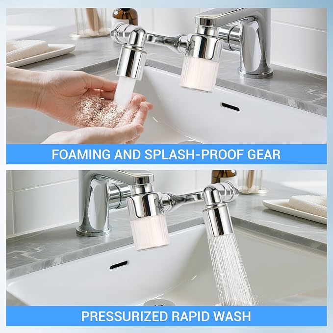 1080° Swivel Faucet-Extender Sink-Aerator - 2 Mode Splash Water Filter Extension, Kitchen Bathroom 360° Rotatable Spray Attachment, Multifunctional Universal Robotic Arm -Wash Hand/Hair/Face (Silver)
