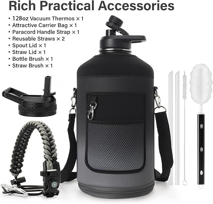 1 Gallon Water Bottle Insulated | Thickened Stainless Steel Vacuum Metal Water Jug | Portable Sports Large for Gym and Hiking with Straw, Carrier Bag, Handle Strap | BPA-Free 128 oz-FlexoryFit