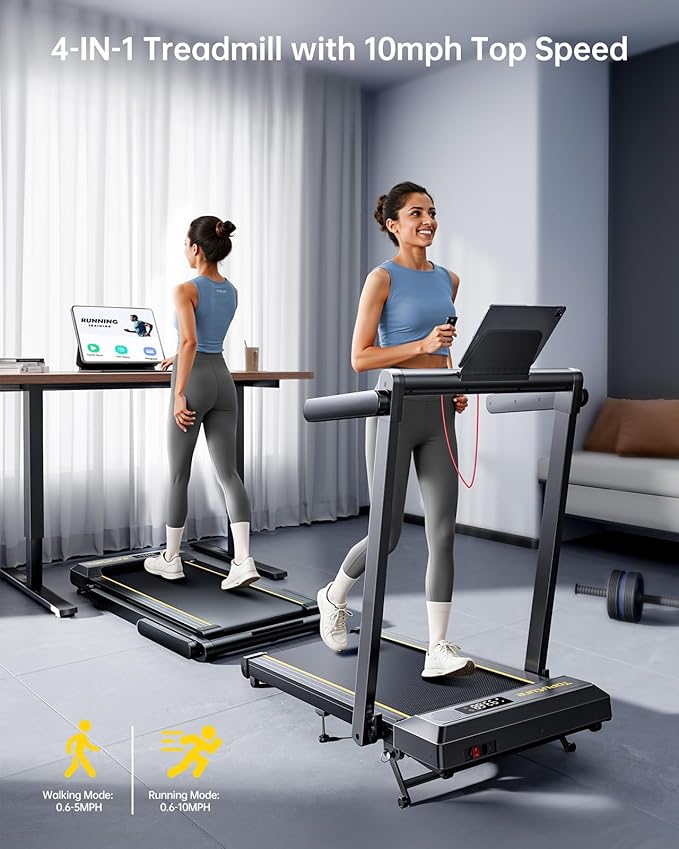 Walking Pad Treadmill with 12% Incline, 4 in 1 Folding Treadmill for Home/Office with Handle Bar, 2.5HP Under Desk Treadmills Portable Walking Pad with App & Bluetooth Speaker, 0.6-10MPH-FlexoryFit