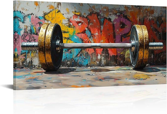 VANSEEING Graffiti Gym Wall Art Canvas Prints Barbell Weightlifting Fitness Picture Sport Motivational Artwork Oil Painting Wall decor for Workout Bedroom Fitness Boys Room 40x20 inch-FlexoryFit