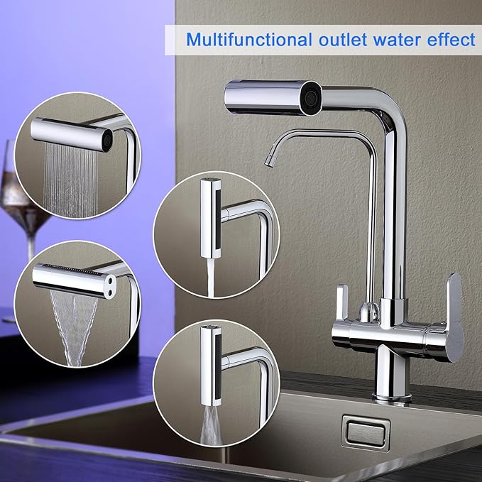 Dual Handles Kitchen Sink Faucet with Drinking Water Faucet, 3 Way Pull Out Kitchen Faucet with 3-Function Sprayer for Water Filtration System, Chrome